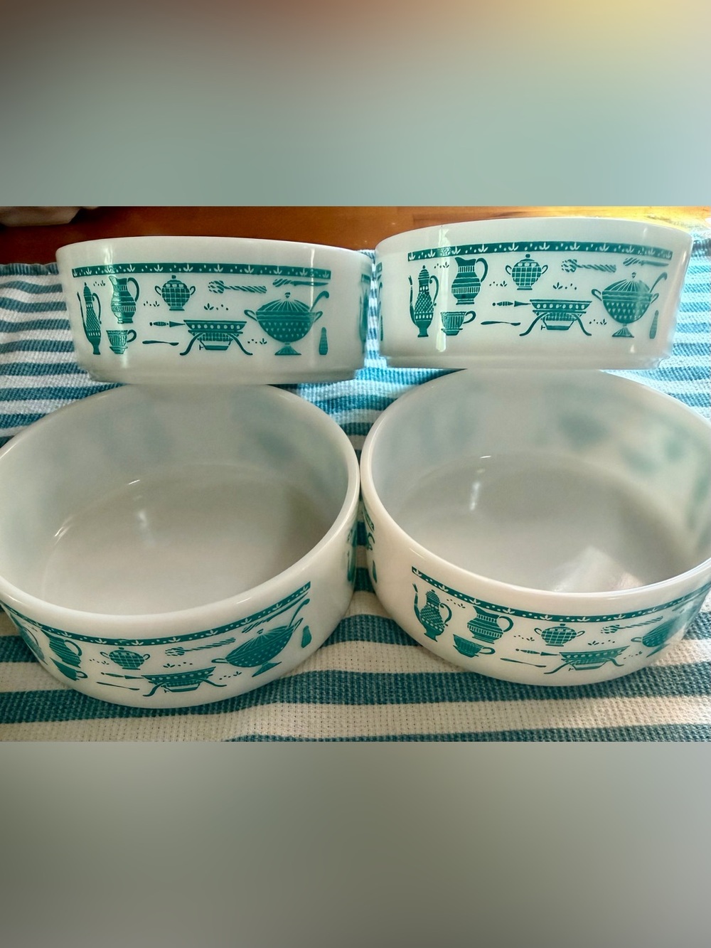 Vintage 1950s Hazel Atlas Kitchen Aids Milk Glass Turquoise Teal Set of 4 Bowls